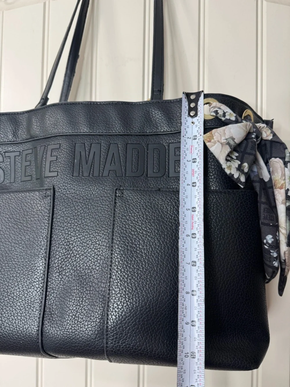 STEVE MADDEN 🪷 Pebbled Black Leather Large Laptop Tote, Floral Scarf Accent